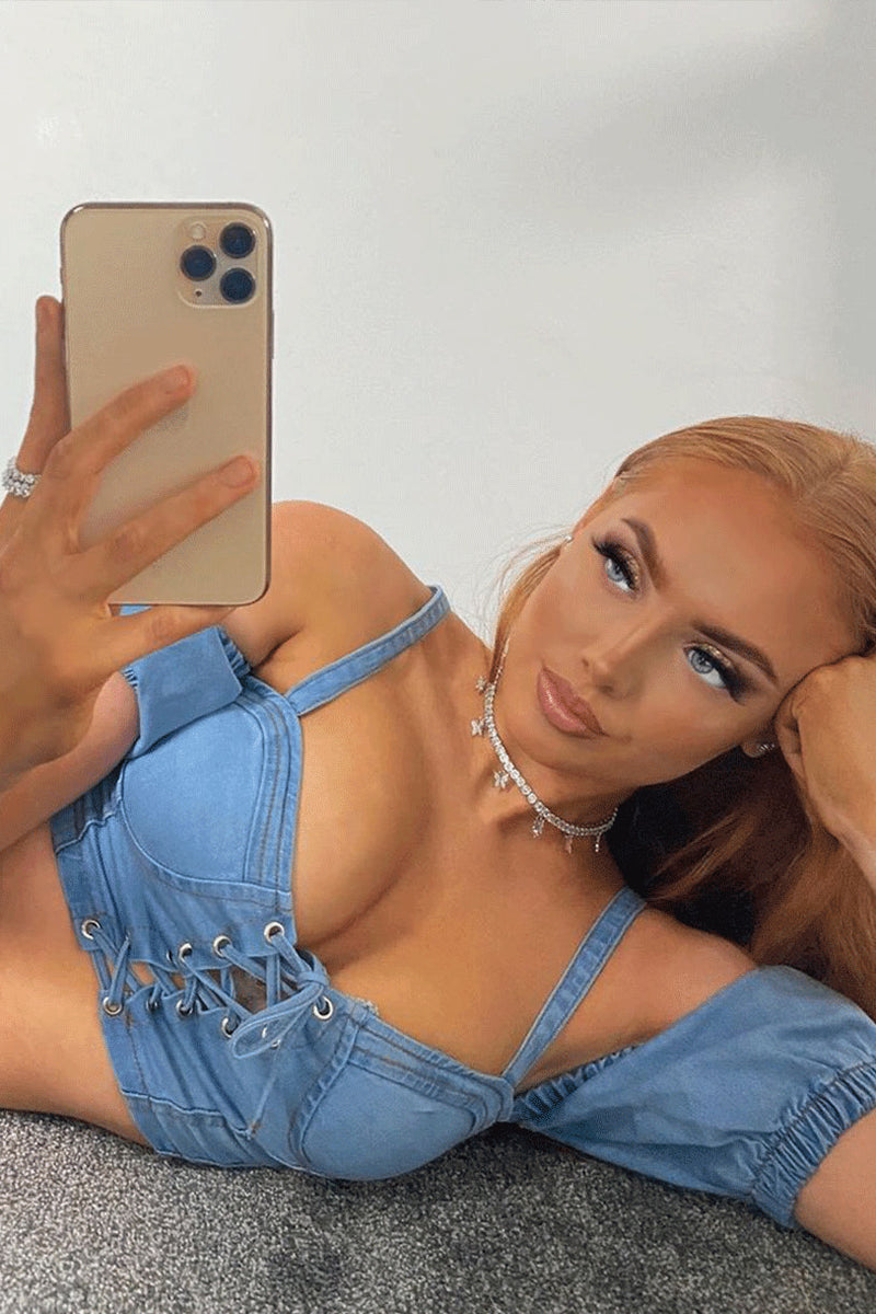 Light Blue Denim Tie Front Bustier Crop Top