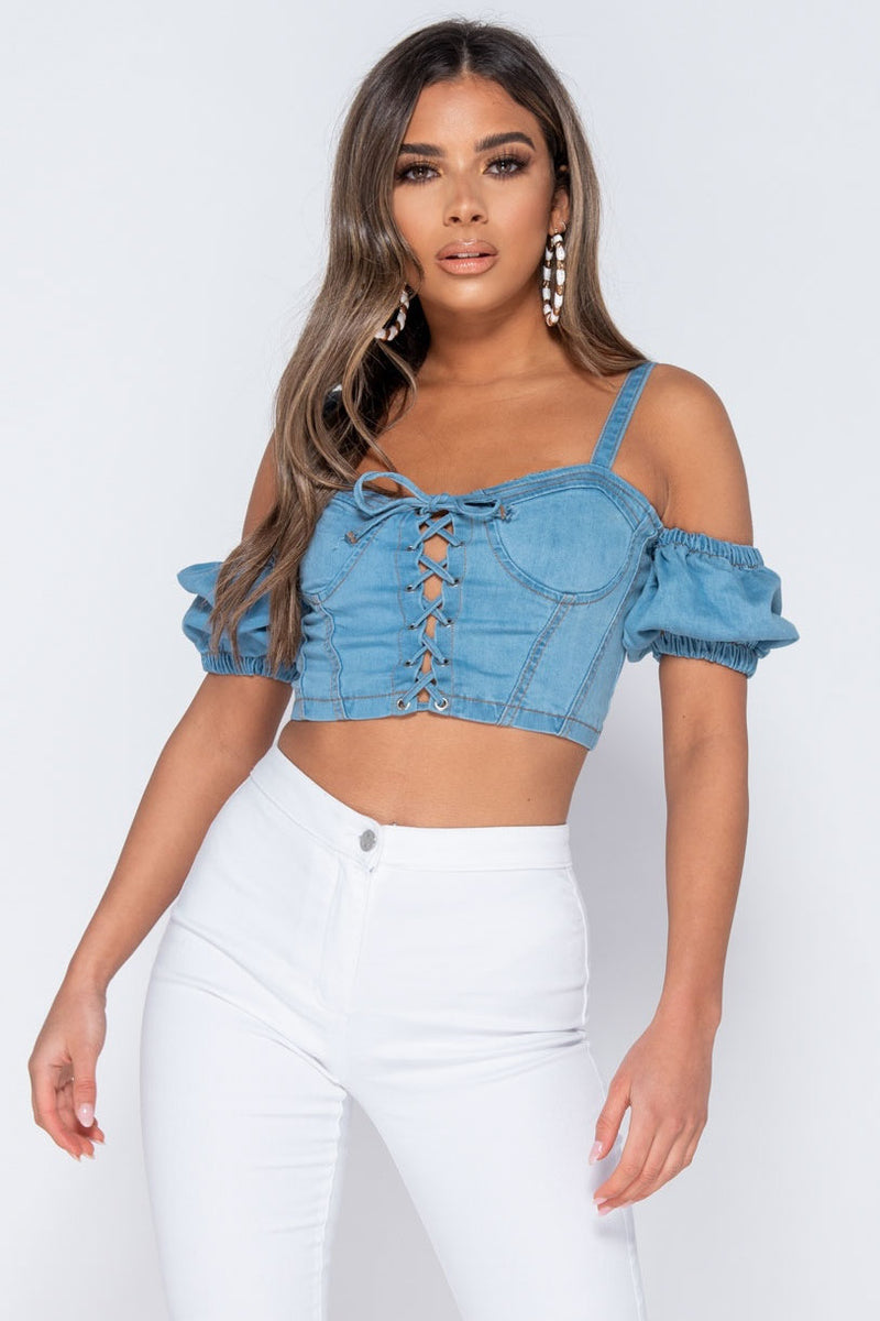 Light Blue Denim Tie Front Bustier Crop Top