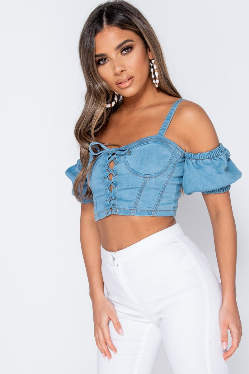 Light Blue Denim Tie Front Bustier Crop Top