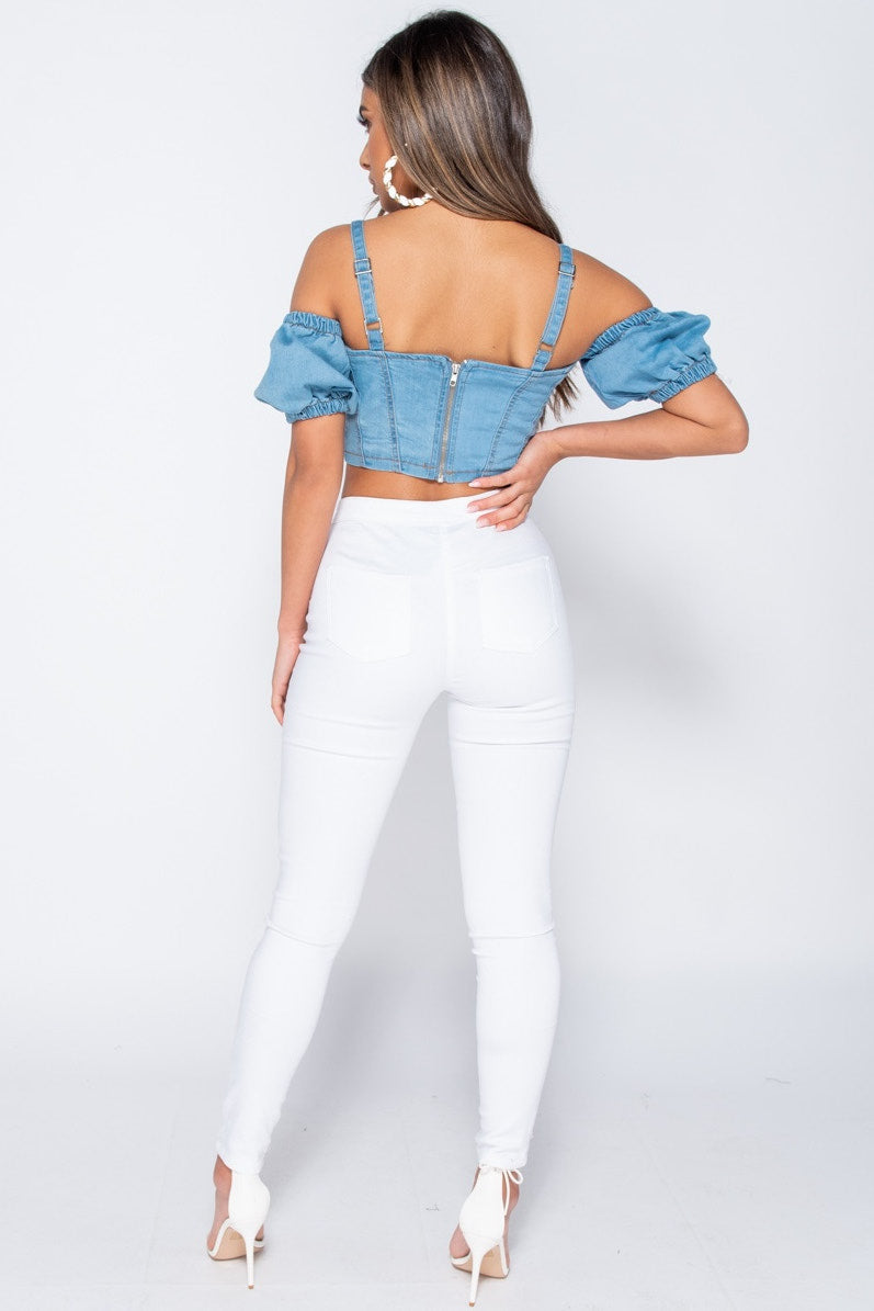 Light Blue Denim Tie Front Bustier Crop Top