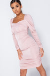 Blush Pink Puff Sleeve Ruched Sweetheart Neck Midi Dress