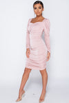 Blush Pink Puff Sleeve Ruched Sweetheart Neck Midi Dress