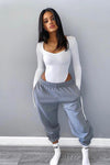 White Ruched Sleeve High Leg Bodysuit