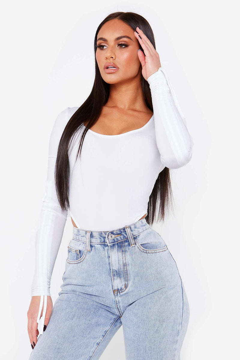 White Ruched Sleeve High Leg Bodysuit