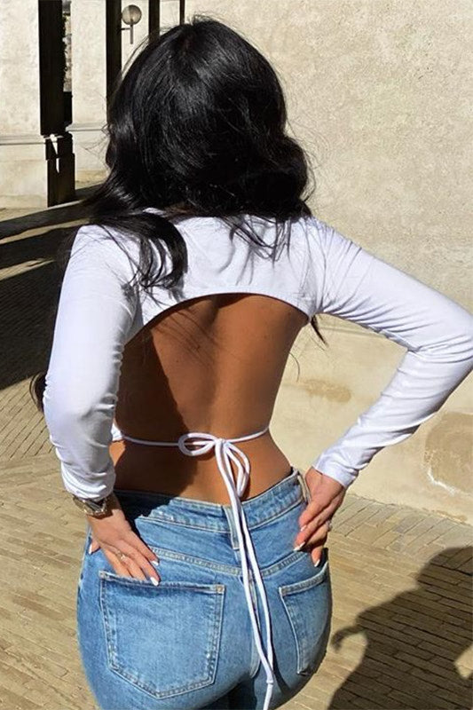 White High Neck Tie Back Crop Top