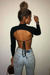 Black High Neck Tie Back Crop Top