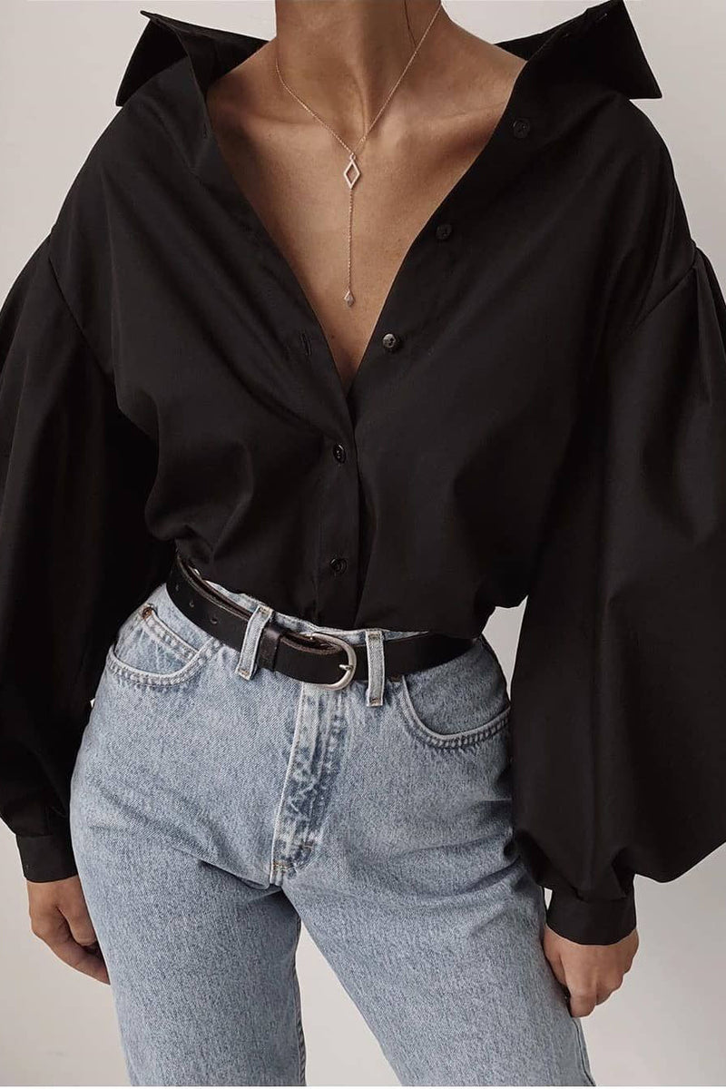 White Puff Sleeve Button Front Shirt