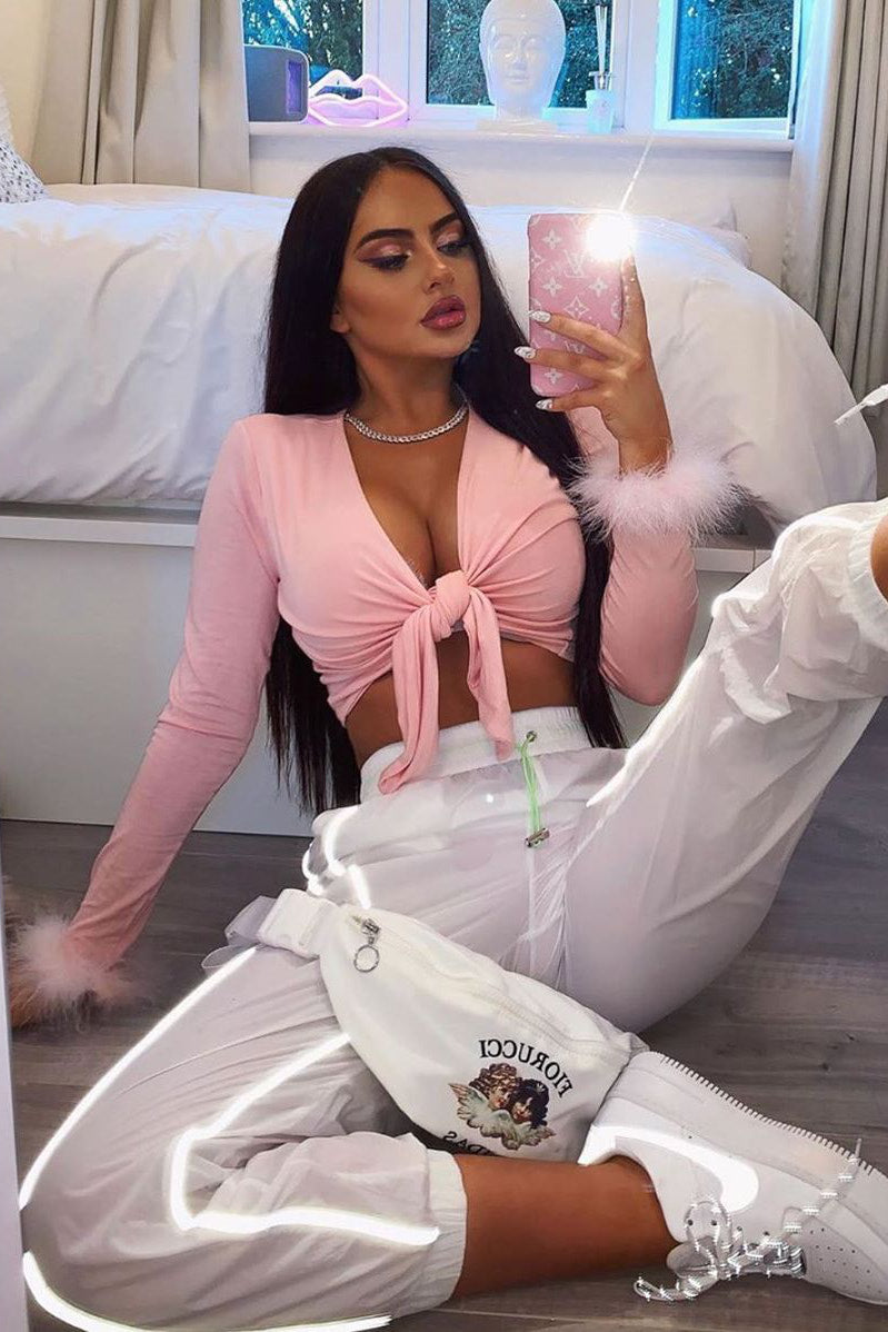 Pink Faux Fur Sleeve Tie Front Crop Top