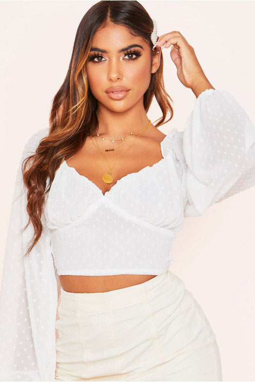 White Mesh Polka Dot Puff Sleeve Crop Top
