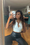 White Ribbed Button Halterneck Crop Top