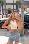 White Ribbed Button Halterneck Crop Top