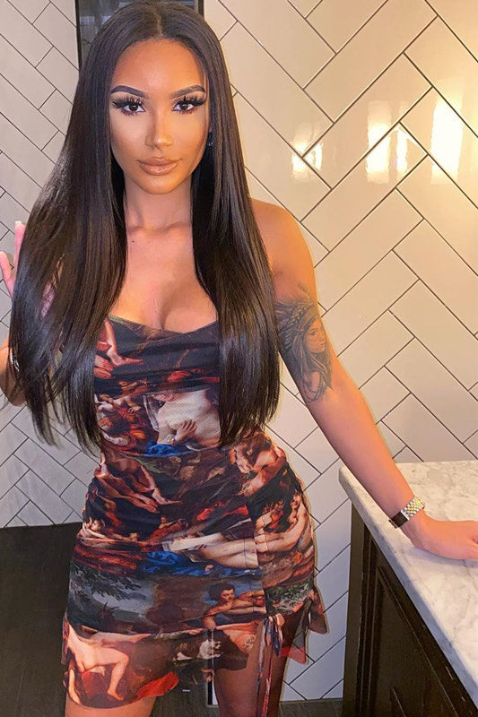Multi Renaissance Print Ruched Bodycon Dress