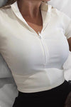 White Ribbed Zip Short Sleeve Crop Top