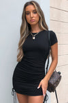 Black Ribbed Ruched Mini Dress