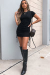 Black Ribbed Ruched Mini Dress
