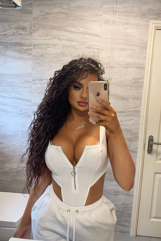 White Zip Front High Leg Bodysuit