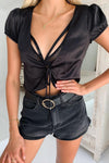 Black Satin Tie Front Crop Top