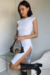 White Ribbed Thigh Split Midi Dress