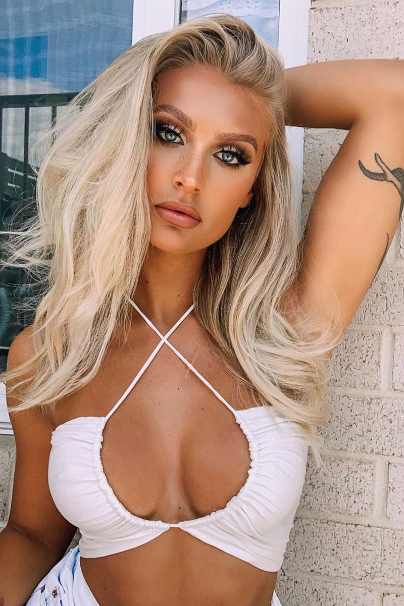 White Ruched Strappy Halterneck Crop Top