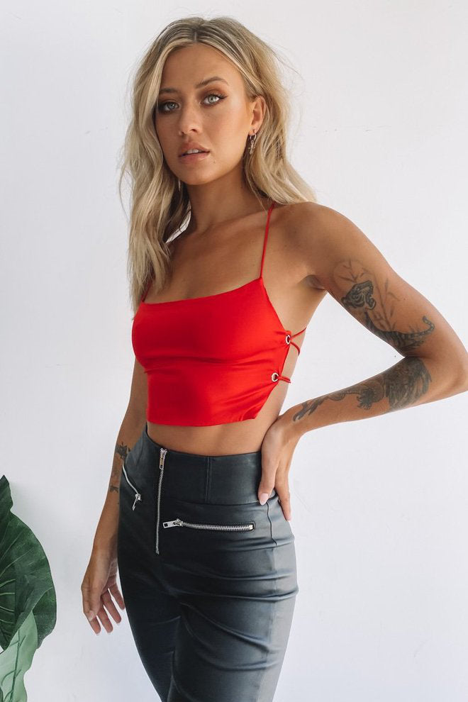 Red Satin Strappy Back Crop Top