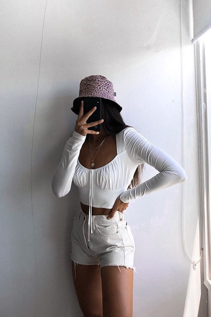 White Ruched Bust Tie Front Crop Top