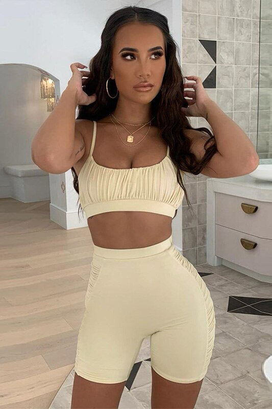 Beige Ruched Crop Top & Cycle Shorts