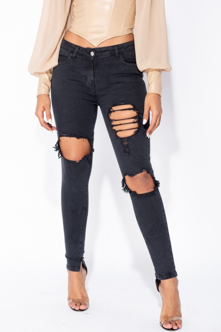 Washed Black High Waisted Ripped Skinny Jeans