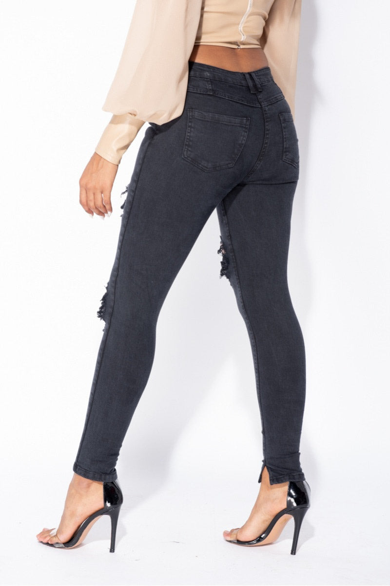 Washed Black High Waisted Ripped Skinny Jeans