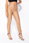 Tan Faux Leather Cuffed Cargo Trousers