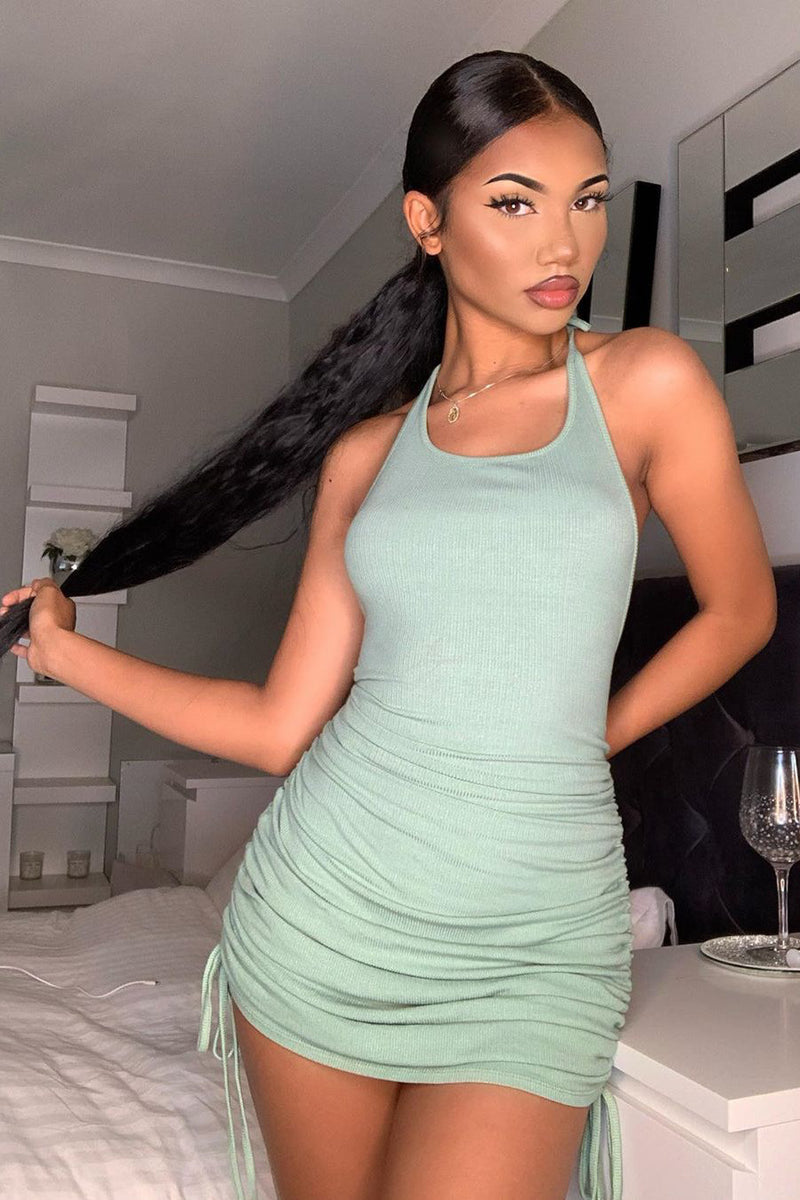 Sage Ribbed Ruched Halterneck Mini Dress