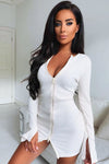 White Ribbed Double Zip Mini Dress