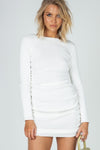 White Ribbed Ruched Long Sleeve Mini Dress