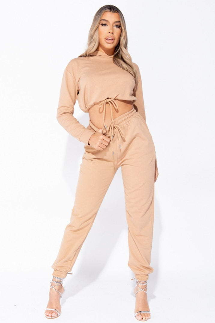 Camel Drawstring Cropped Hoodie & Joggers Set