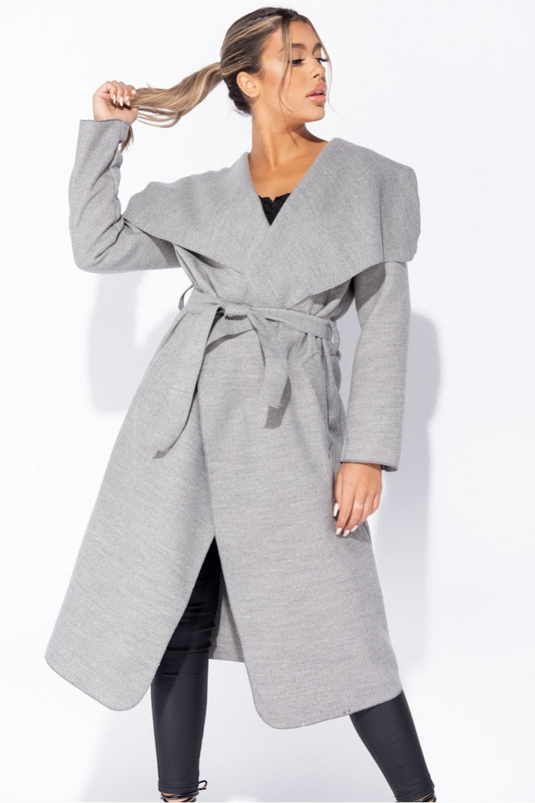 Light Grey Oversized Belted Waterfall Coat