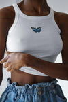 White Ribbed Butterfly Embroidered Crop Top