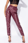 Wine Faux Leather Pleated High Waisted Trousers