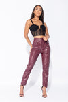 Wine Faux Leather Pleated High Waisted Trousers