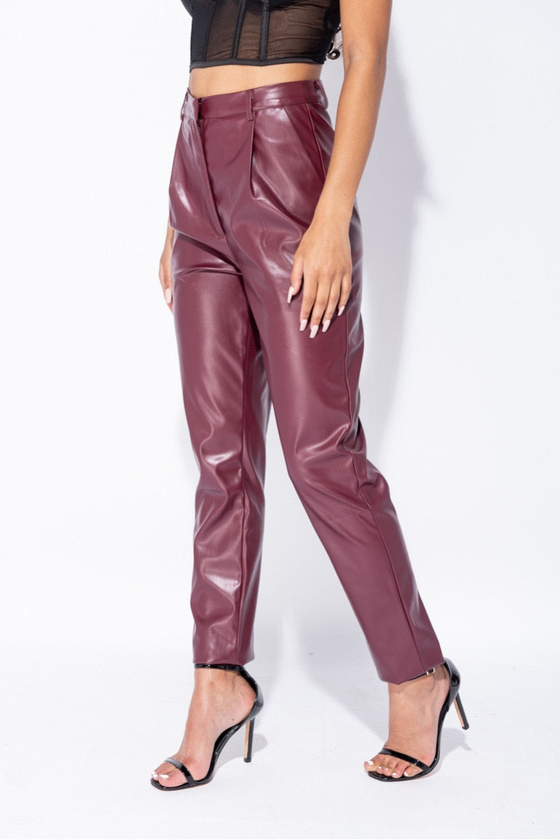 Wine Faux Leather Pleated High Waisted Trousers