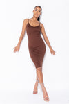 Brown Ribbed Plunge Bodycon Midi Dress