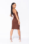 Brown Ribbed Plunge Bodycon Midi Dress