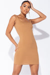 Camel Ribbed Scoop Neck Bodyon Mini Dress