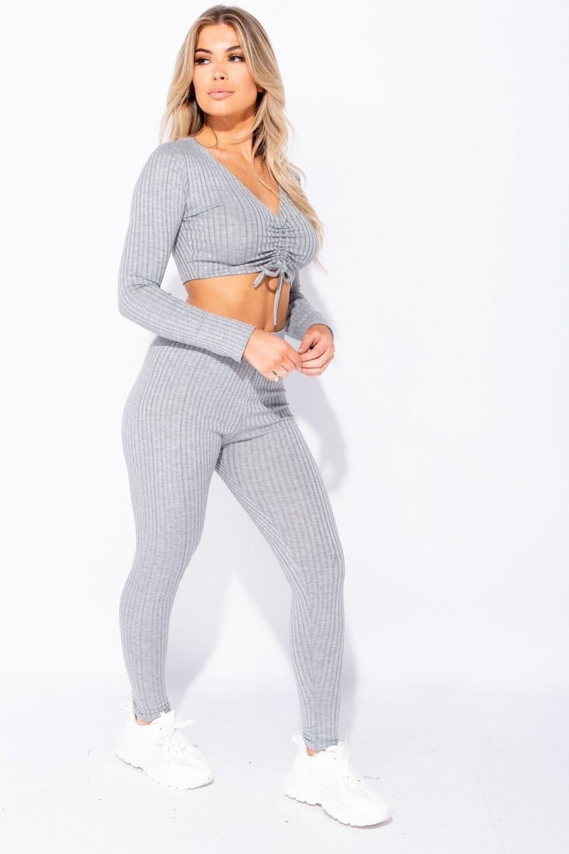 Light Grey Ribbed Ruched Front Loungewear Set