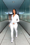 White Ribbed High Neck Zip Front Jumpsuit