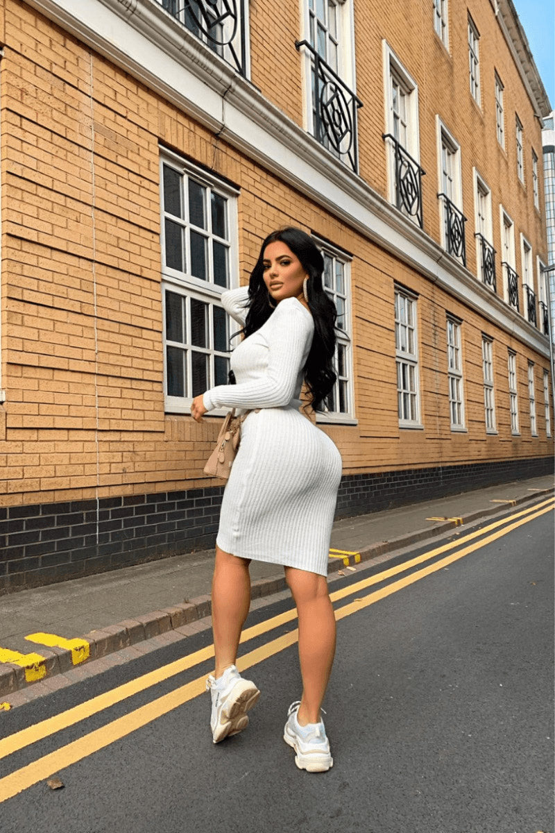 White V Neck Knitted Midi Dress