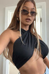 Black Halterneck Open Back Wrap Crop Top