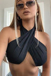 Black Halterneck Open Back Wrap Crop Top