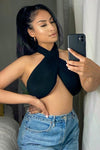 Black Halterneck Open Back Wrap Crop Top