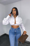 White Ruched Puff Sleeve Cropped Shirt