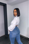 White Ruched Puff Sleeve Cropped Shirt