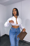 White Ruched Puff Sleeve Cropped Shirt